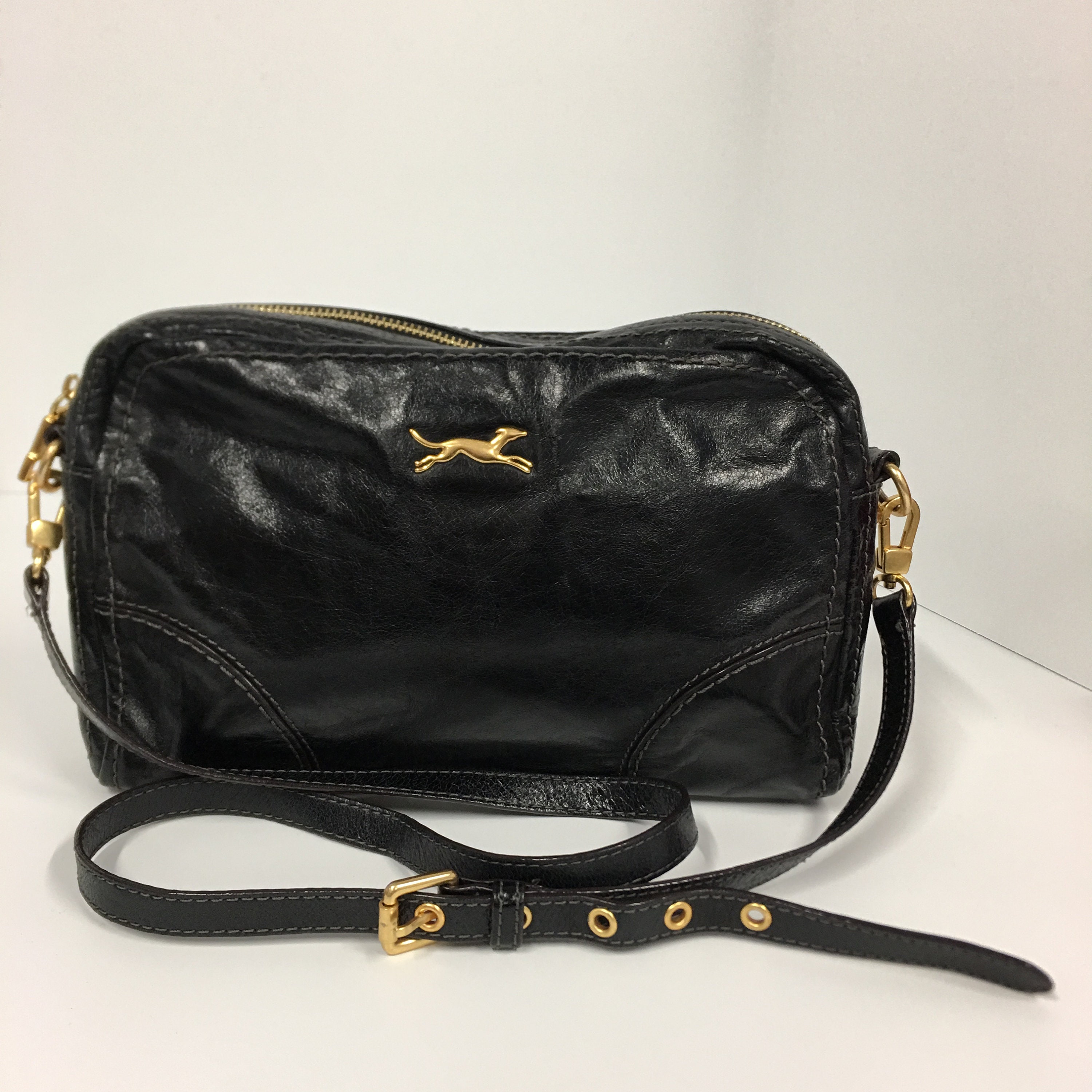 Vintage Bimba and Lola Black Leather Cross Body Bag Gold 