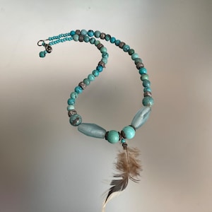 Vintage Natural Turquoise Necklace, Genuine Turquoise Beaded Necklace, Blue Turquoise and Glass Beads Necklace, Gemstone Necklace For HeR
