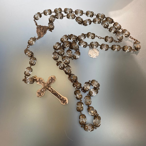 Vintage Rosary Crystal Sacred Heart of Jesus Madonna Jesus Madonna 1960s Made in Rome Italian Rosary Virgo Carmeli France Rome Crucifix