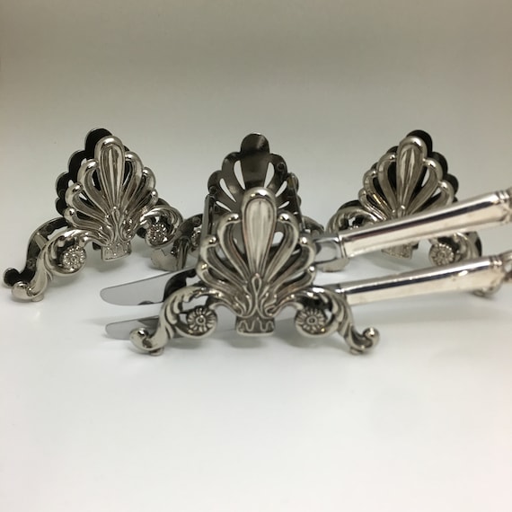 Vintage Silver Plated Knife Rest and Napkin Holder Set: Ornate