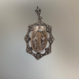 Vintage Religious Sterling Miraculous Medal w Marcasites Small Oval Virgin Mary Pendant Theda ,Madonna ,Our Lady of Grace ,Catholic Pendant