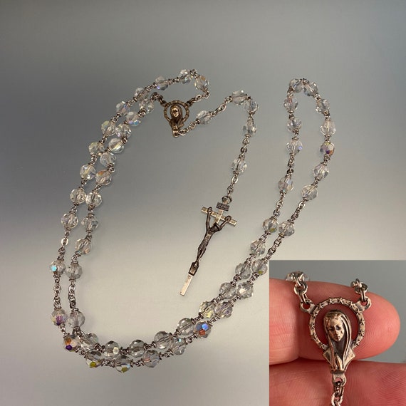 Vintage Aurora Borealis Crystal Rosary Weeping Mad