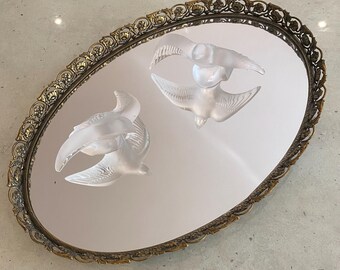 Vintage Oval Brass Vanity Mirror Tray: Pierced Floral Design (16 x 11.5")