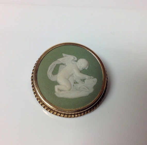 Wedgwood Cameo Cupid Brooch, Green Wedgwood Angel… - image 6