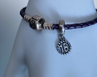 Vintage Pandora Bracelet: Purple Leather, Sterling Silver Sweet 16 Charm