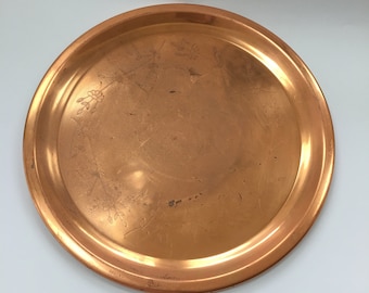 Vintage Copper Serving Tray, Floral Etched Design, 12 Inch