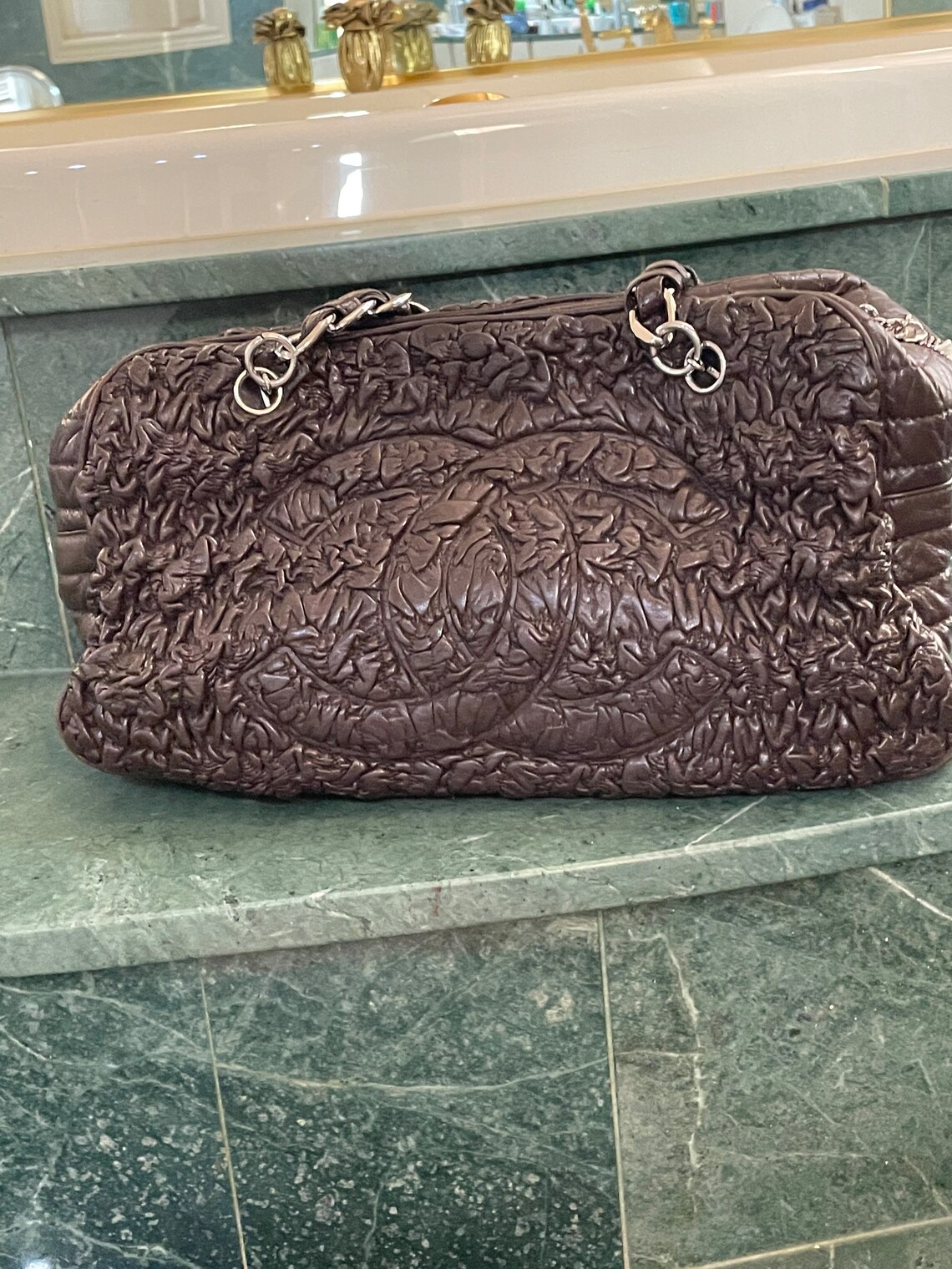 CHANEL Ruched Lambskin Bag Astrakhan Chanel Brown Lambskin Leather Astrakhan Bowler Bag, CHANEL Purse, photo 2 sur 5