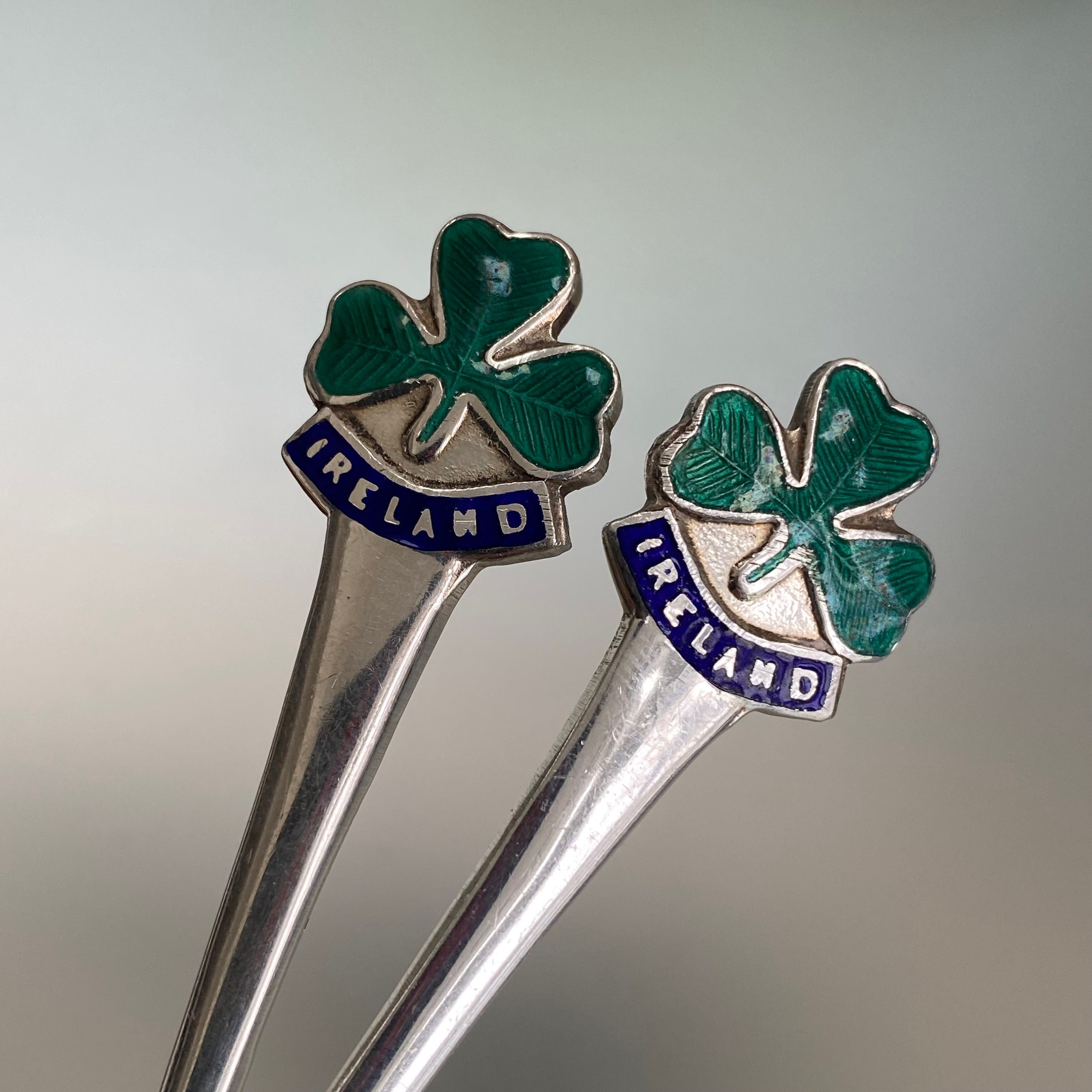 Ireland Souvenir Spoons, Pair of Enamel Green Clover Ireland
