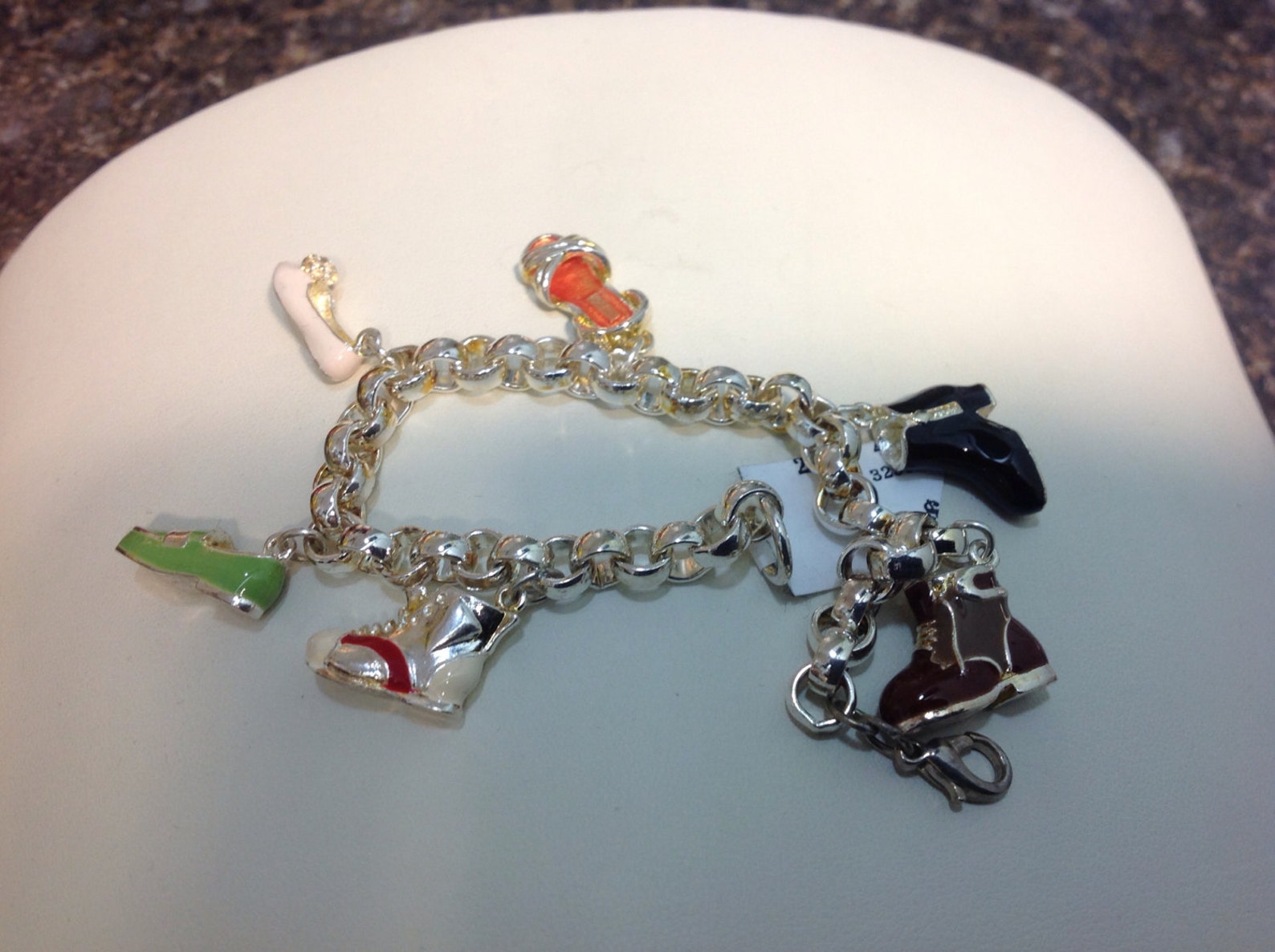 3d , 6 shoe charms , with enamel ,bracelet, ballet shoe, boots, sandal, runner