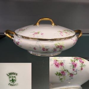 May include: White porcelain serving dish with lid, decorated with pink floral patterns and gold trim. The dish has gold handles and a matching gold handle on the lid. The base is also trimmed in gold. Marked "LIMOGES FRANCE".