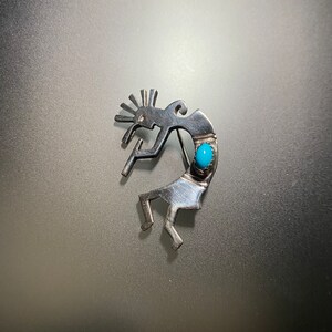 Kokopelli Fertility God Sterling Silver Turquoise Navajo Southwestern Brooch Pin 1960s 1970