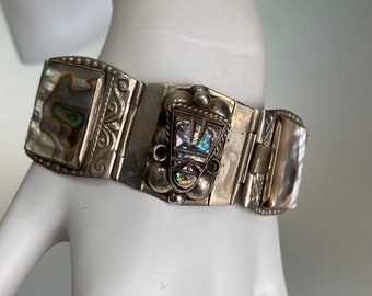 Vintage Taxco Mexican Sterling Silver Abalone Mayan Panel Bracelet