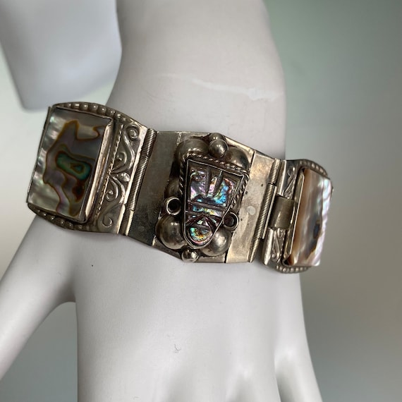 Vintage Taxco Mexican Sterling Silver Abalone Mayan Panel Bracelet