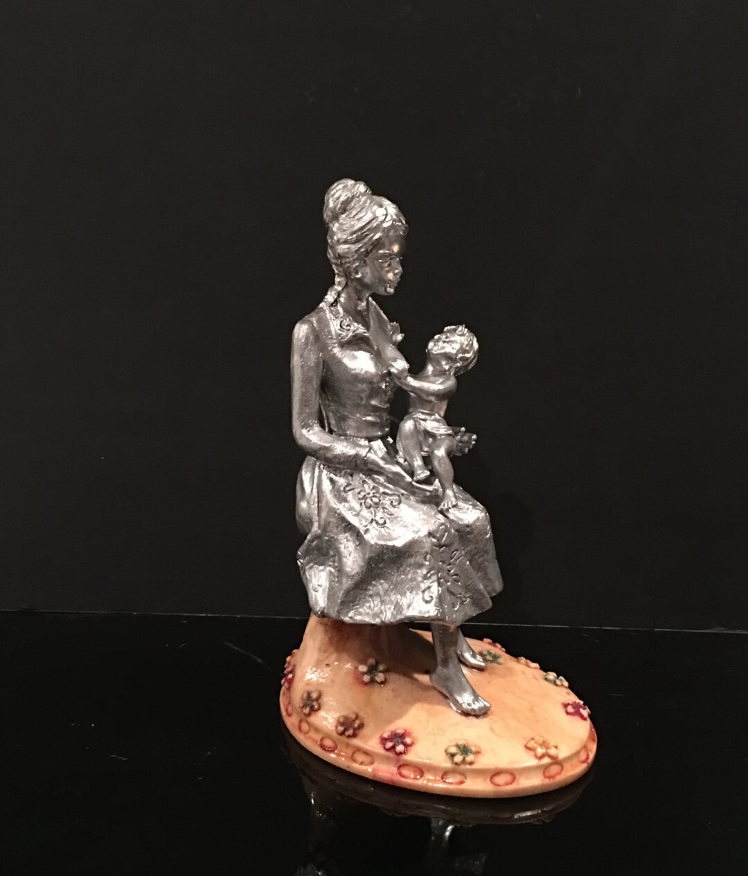 Rare Nursing Mother Vintage 3D Pewter Sculpture Resin Base Mother