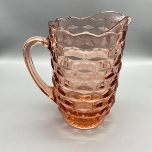Vintage Pink Depression Glass Cubist Pitcher Indiana Glass Pitcher Cube Pattern Pitcher, Pink Glass Pitcher Jeannette