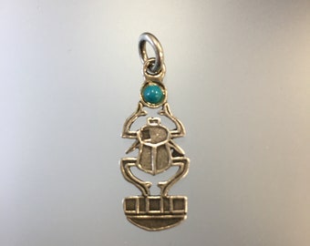 Vintage Sterling Silver Scarab Pendant with Turquoise Set Bead, Egyptian Scarab, Sterling Scarab Pendant, Silver Egyptian Amulet Pendant