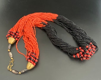 Vintage Coral & Black Onyx Torsade Necklace: Boho Multi Strand Jewelry