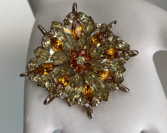 Vintage SHERMAN Signed Golden Topaz Brooch Rhinestones Swarovski Crystal Tiered Brooch Round Marquee Shaped Mid Century Gustave Sherman