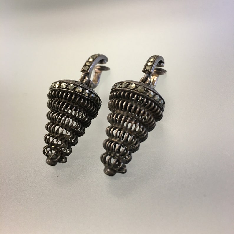 Beehive Dangle Earrings Art Deco Earrings Swirl Dangle Silver Openwork Design Art Deco Swirl Dangle Earring 935 Silver with Marcasites