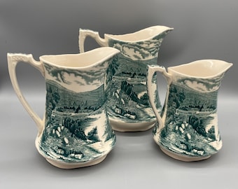 Alfred Meakin Tintern Pitcher Set: Green English Transferware, Farm Scene