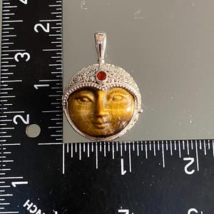 Vintage SAJEN Moon goddess Face Locket 925 STERLING Carved Tigers Eye Quartz Moon Goddess Pendant
