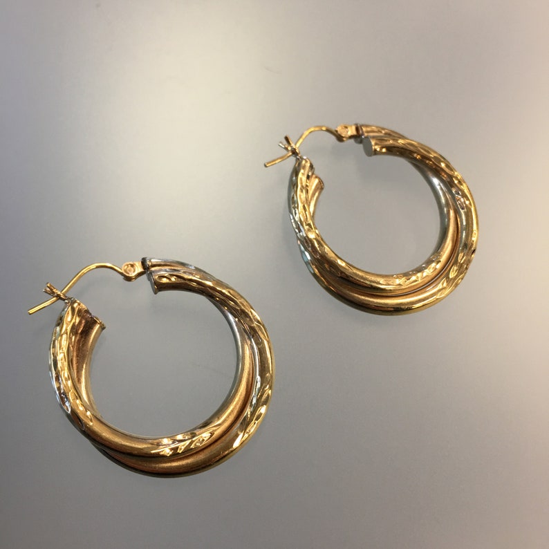 Cross Over Double Loop Gold Earrings Hoop Earrings Estate 10k Yellow Gold Round Double Loop Diamond Cut Hoops Earrings Design Double Loop