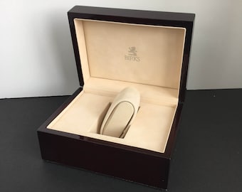BIRKS Wooden Mahogany Lacquered Watch Box for One watch with Cream Coloured Suede Interior Silver BIRKS Lion Logo, Watch Box Storage Case