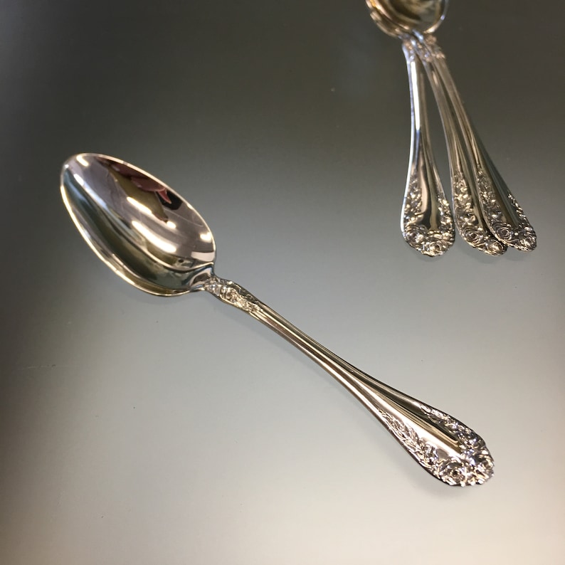 Northumbria Normandy Rose Sterling Silver 5 O\u2019clock Spoon Canadian Silver Roses on Silver No Monograms Sterling Cutlery Rose Pattern