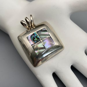 Vintage Mexican Abalone Slider Pendant Vintage Sterling Silver Square Large Necklace Midcentury Modernist Style from Mexico