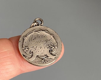 Art Nouveau Madonna Medal Pendant: Antique Silver Tone Christian Medallion, 1908