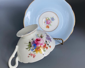 Tasse à thé et soucoupe Coalport vintage : porcelaine florale, bordure dorée