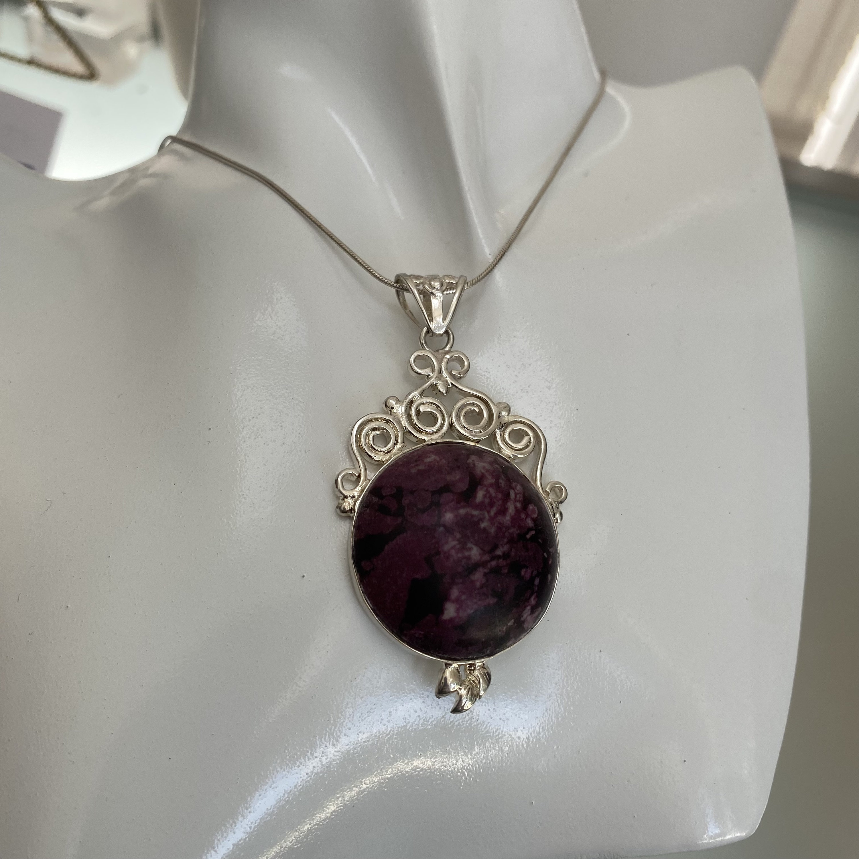 Pendentif En Argent Massif 925 - Cabochons Violets Foncés - Occasion - Bijou Vintage Unique