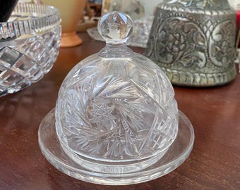 Vintage Cut Crystal Butter Dish: Pinwheel & Diamond Pattern Cloche