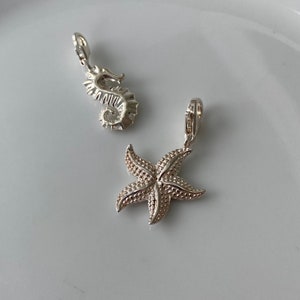 May include: Two silver charms, one shaped like a starfish and the other like a seahorse.