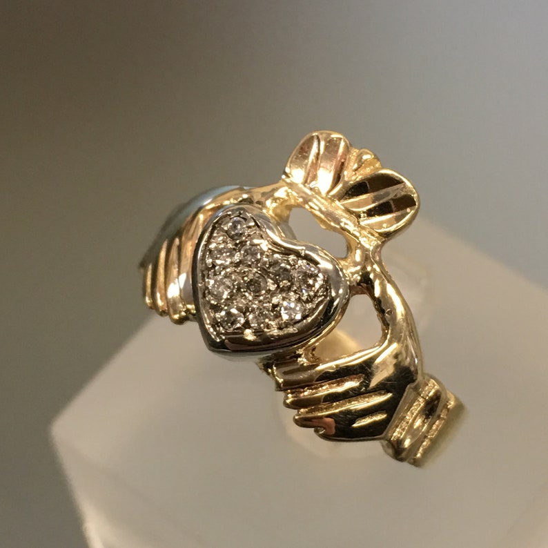 Friendship Ring Crown Ring Loyalty Diamond Set Heart Vintage Claddagh Ring 10k Gold and Diamonds Traditional Irish Wedding Ring