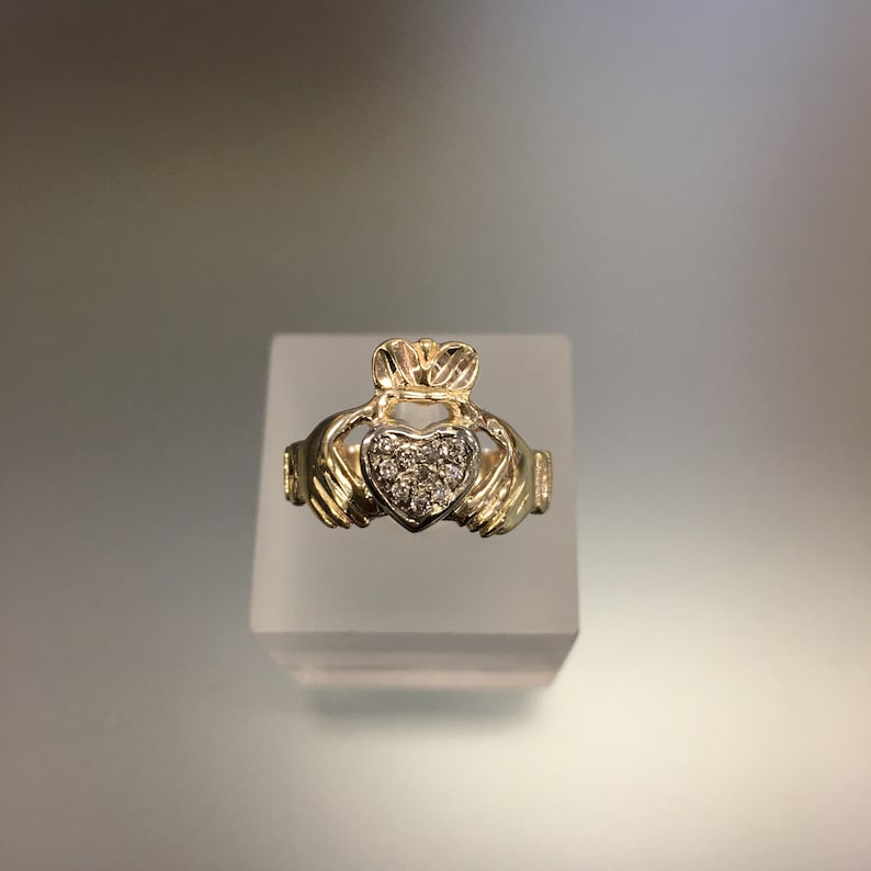 Friendship Ring Crown Ring Loyalty Diamond Set Heart Vintage Claddagh Ring 10k Gold and Diamonds Traditional Irish Wedding Ring