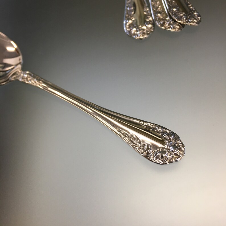 Northumbria Normandy Rose Sterling Silver 5 O\u2019clock Spoon Canadian Silver Roses on Silver No Monograms Sterling Cutlery Rose Pattern
