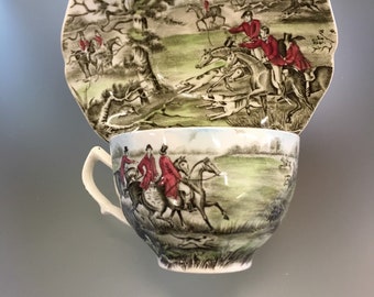 Johnson Brothers Tally Ho VIEW HALOO Cup & Saucer SetTally Ho by JOHNSON Bros made in Hanley England Fox Hunt Scene Cabinet Plates