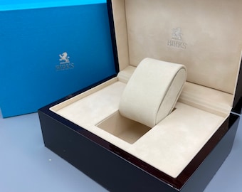 BIRKS Watch Box Wooden Mahogany Lacquered Watch Box One Watch Cream Coloured Suede Interior Silver BIRKS Lion Logo, Watch Box Storage Case