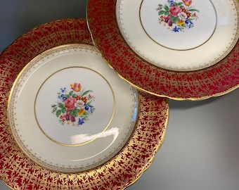 Aynsley Coventry Burgundy Dinner Plates (Set of 2): Floral Bouquet, Gold Trim
