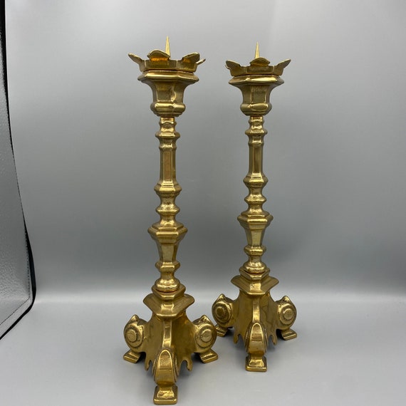 Pair of Antique Brass Candlesticks 12 Inch Tall Floor or Table Pair Pricket  Candlestick Brass Candlesticks Baroque Style 