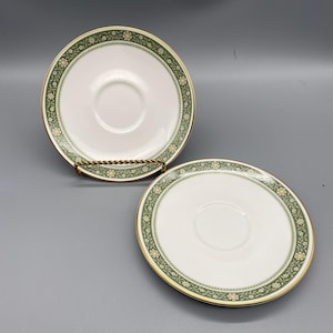 Two Royal Doulton Rondelay Orphan Saucer Cup Plates, English Fine Bone China Rondelay, Plate 6&quot; Plate Green Floral Gold Trim MCM