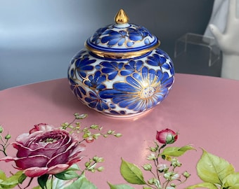 Vintage Thai Benjarong Porcelain Lidded Jar: Blue Lotus & Gold