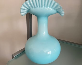 ヴィンテージブルーケース入りアートガラス花瓶：フリルエッジ
