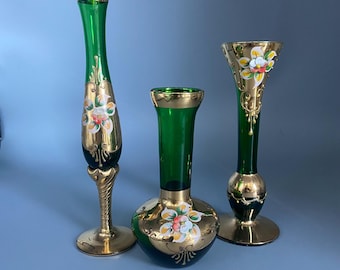 ムラーノ エメラルドグリーン 花瓶：ヴィンテージ 24K ゴールド ハンド