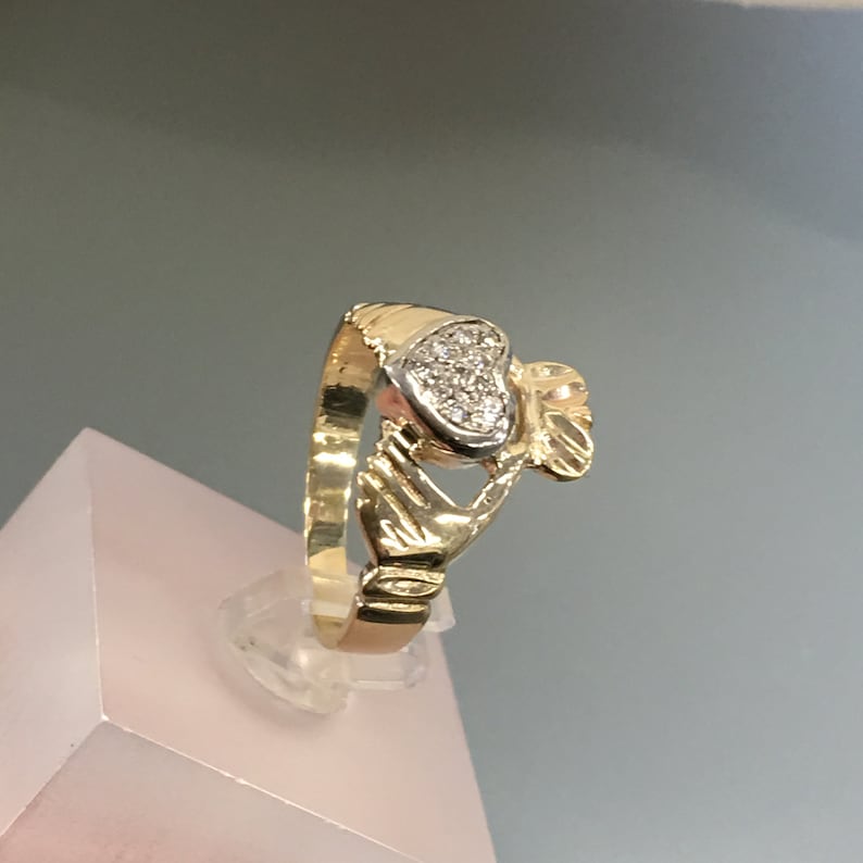 Friendship Ring Crown Ring Loyalty Diamond Set Heart Vintage Claddagh Ring 10k Gold and Diamonds Traditional Irish Wedding Ring