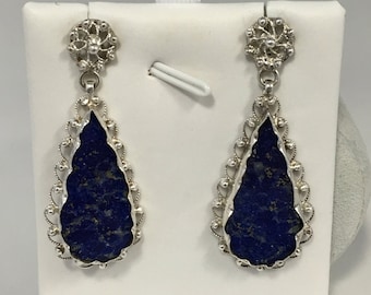 Lapis Lazuli and Sterling Silver Filigree Pear Shaped Dangle Earrings, Handmade Sterling Silver, Filigree Earrings, Lapis Lazuli Earrings, c