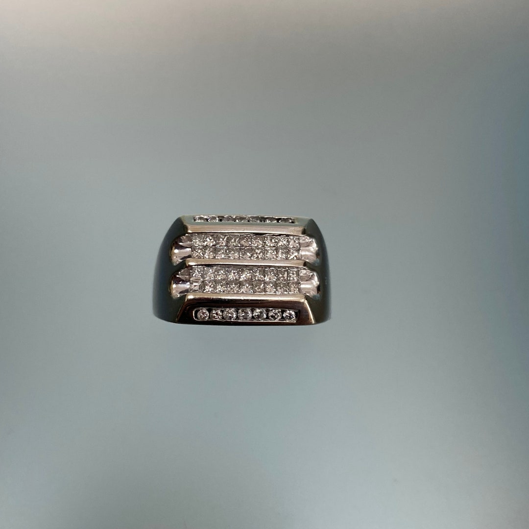 Vintage Mens Statement Ring White 14k Gold Diamond Ring White Etsy