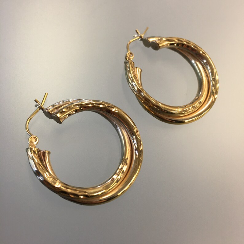 Cross Over Double Loop Gold Earrings Hoop Earrings Estate 10k Yellow Gold Round Double Loop Diamond Cut Hoops Earrings Design Double Loop