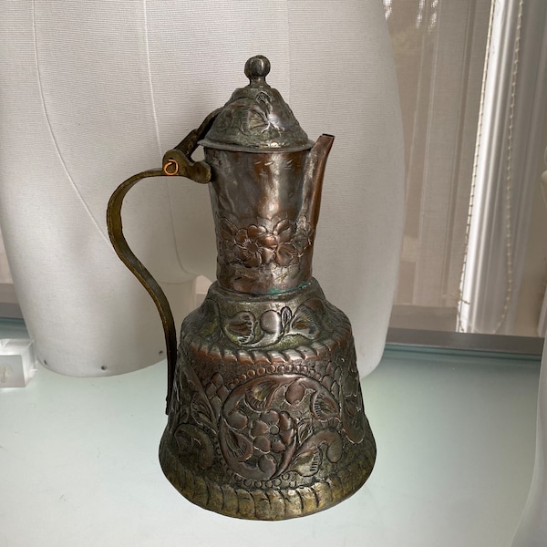 Antique Greek Copper Water Jug Pitcher Cramp Seam Hammered Embossed Copper Handcrafted Ornate Wine Pitcher Antique Wine Jug